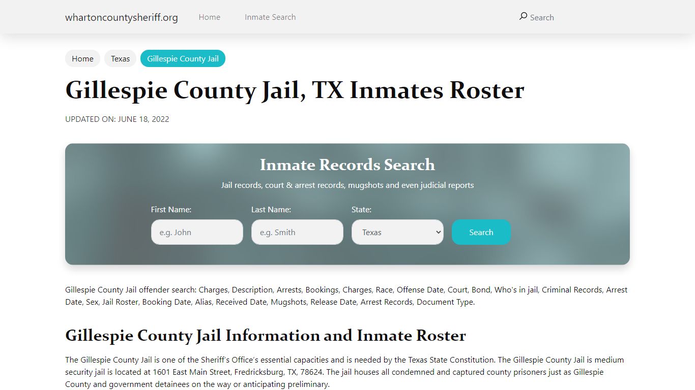 Gillespie County Jail, TX Jail Roster, Name Search